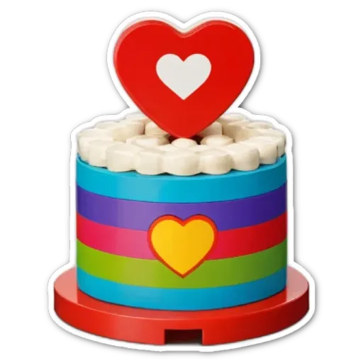 A colorful cake with a heart on top and rainbow colored layers.