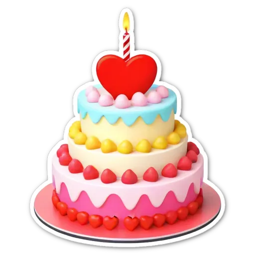 A colorful birthday cake with a heart candle on top.
