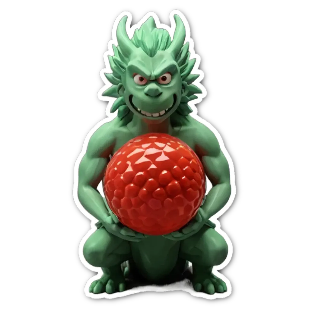 A green dragon holding a red ball in its hands.