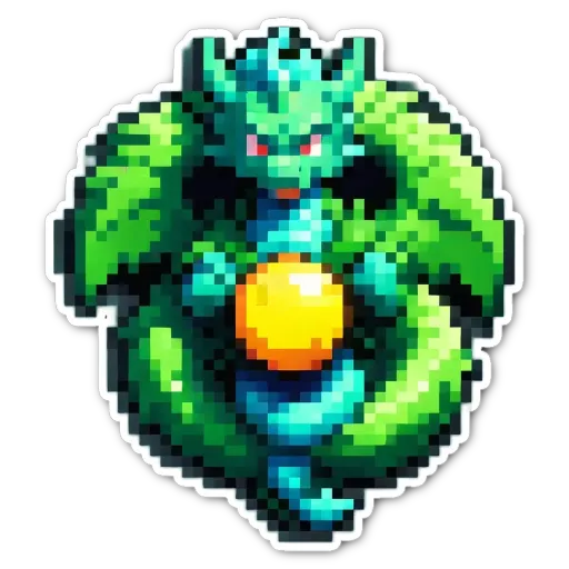 A green pixelated dragon with a ball in its mouth.