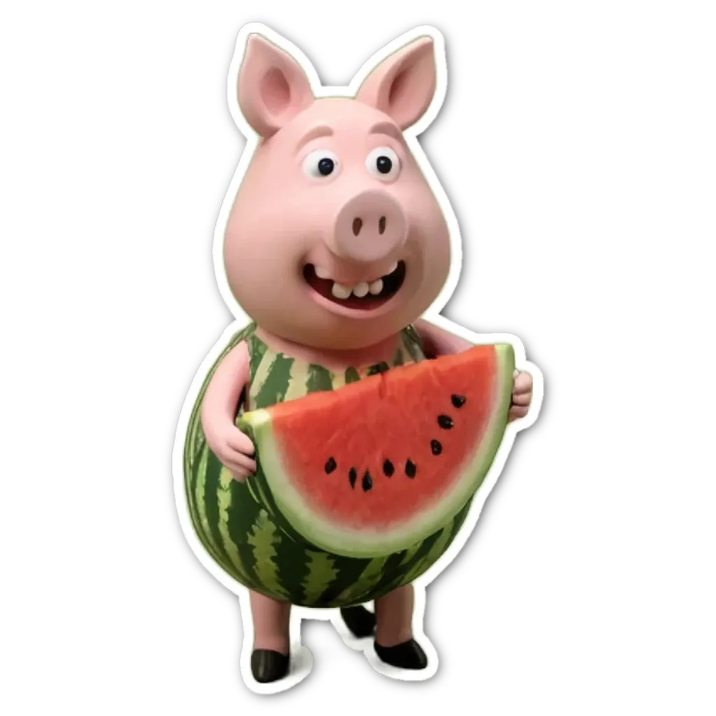 A cartoon image of a pig holding a slice of watermelon.