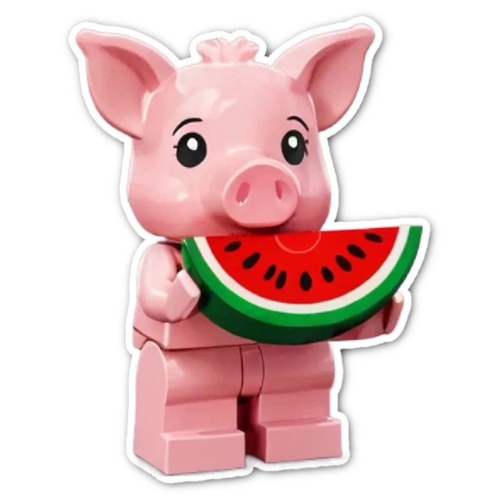 A lego pig holding a slice of watermelon.