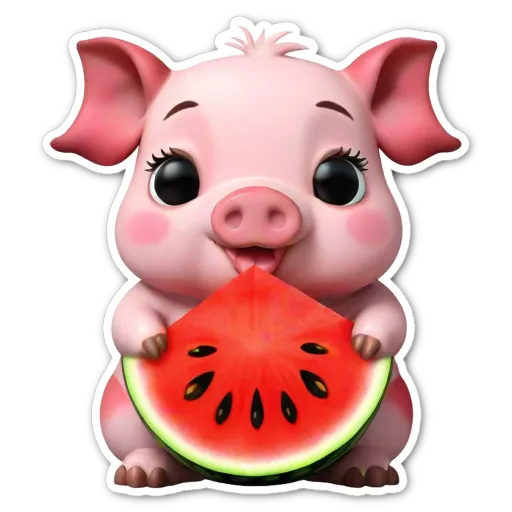 A cute cartoon pig eating a watermelon.