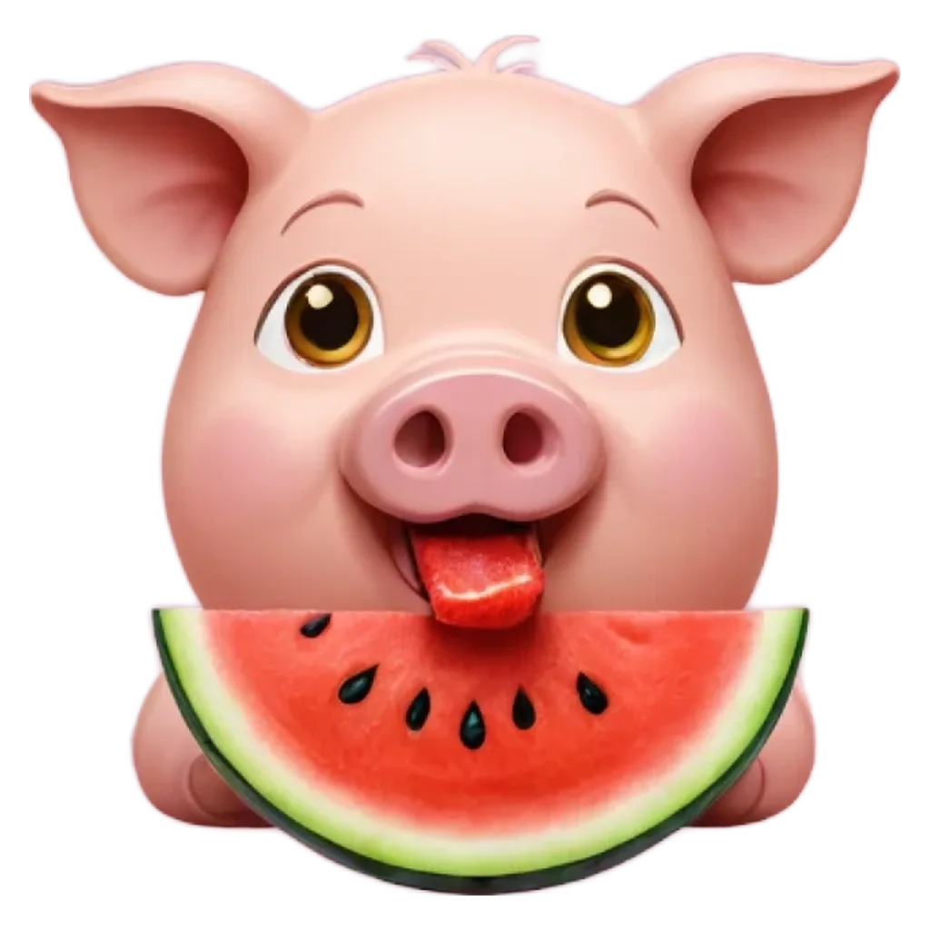 A cartoon pig eating a watermelon.