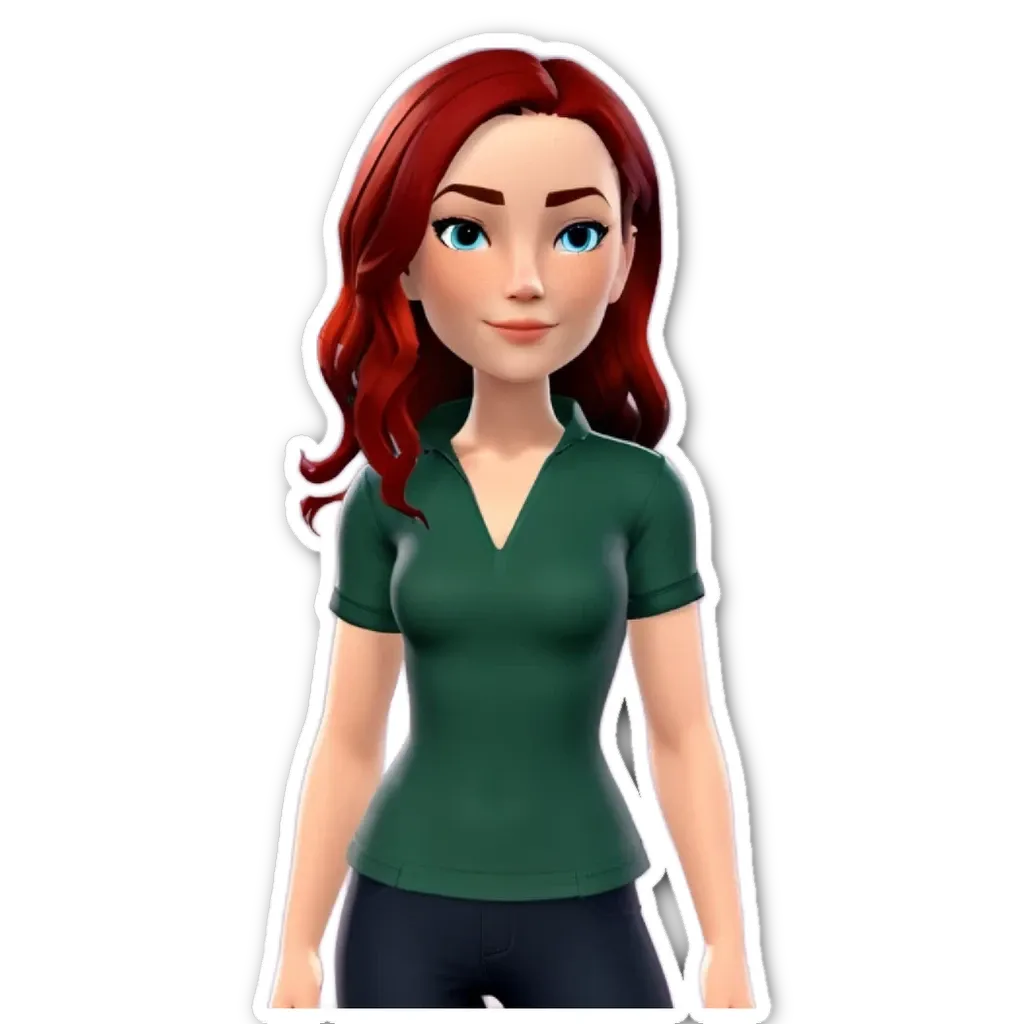 A woman character in a video game is wearing a green shirt.