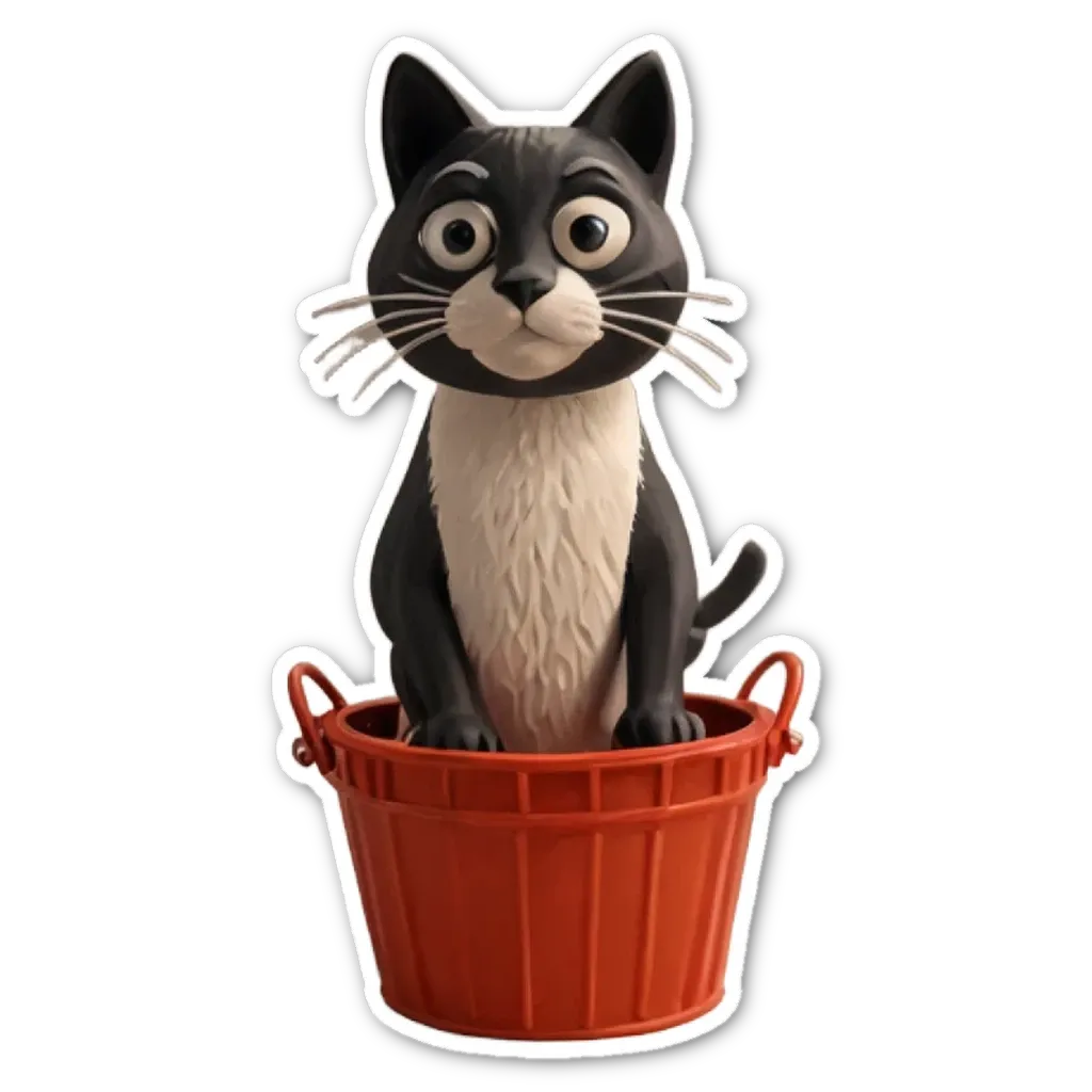 A black and white cat in a bucket.