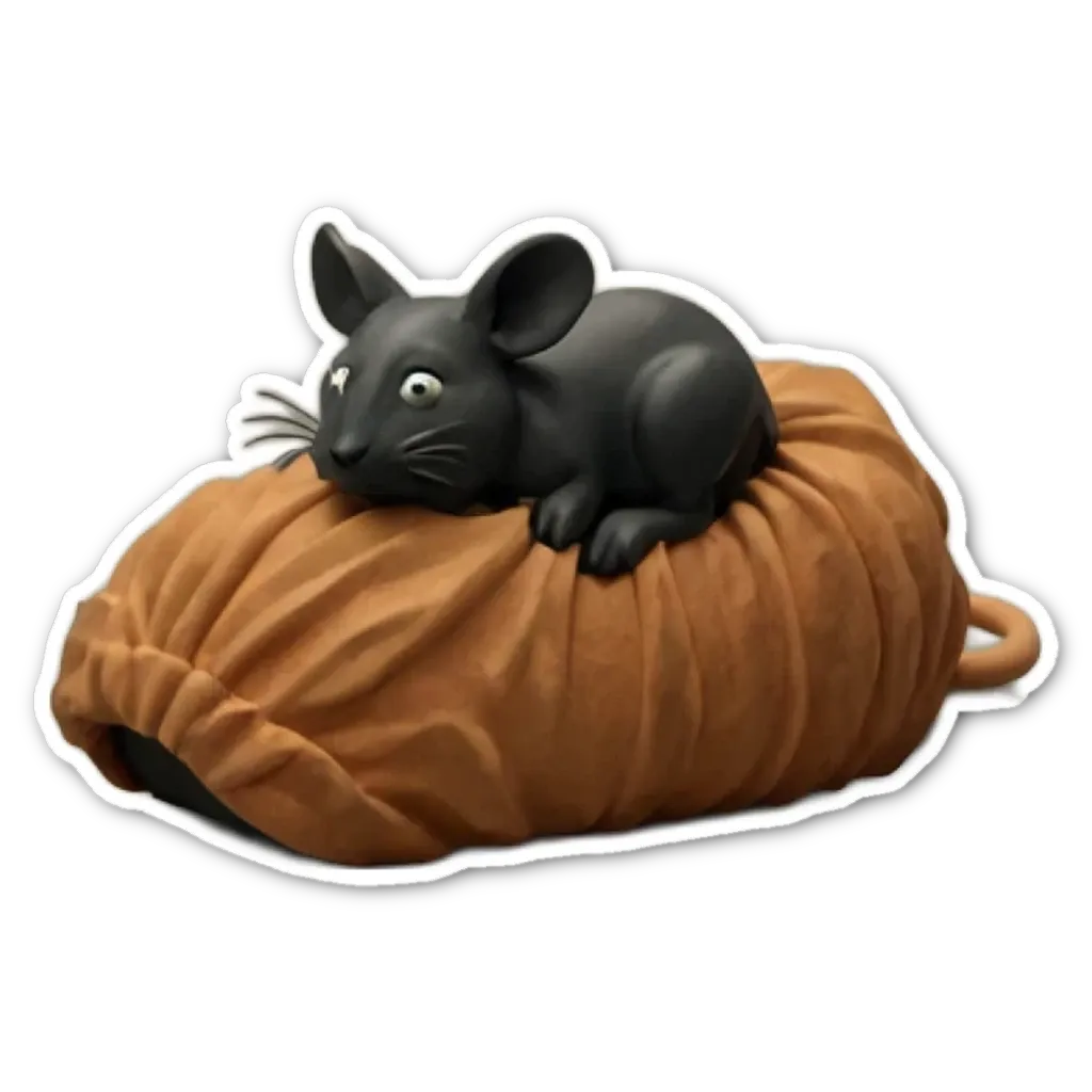 A mouse is sitting on a large stuffed orange.