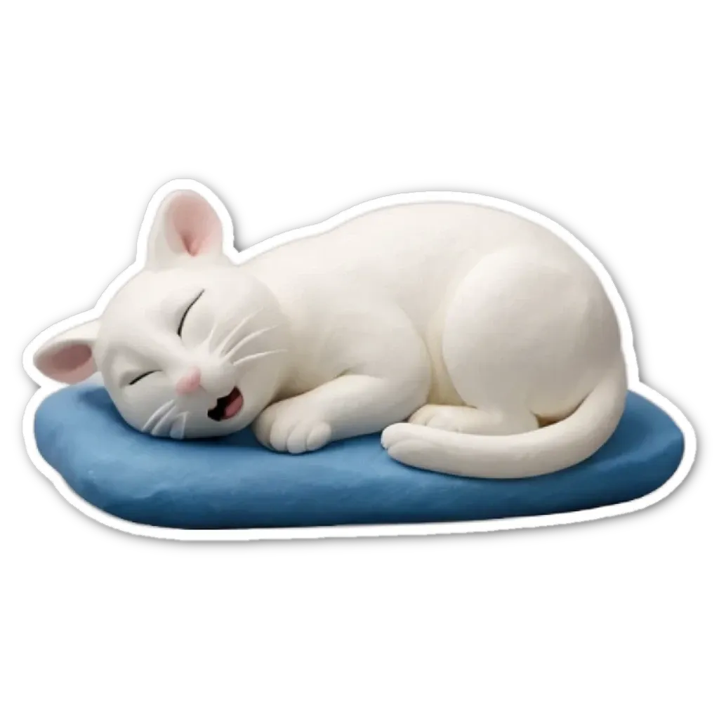 A white cat statue is sleeping on a blue mat.