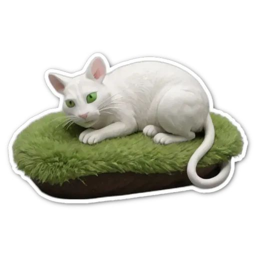 A white cat sitting on a grass covered bed with a grass area in front of it.