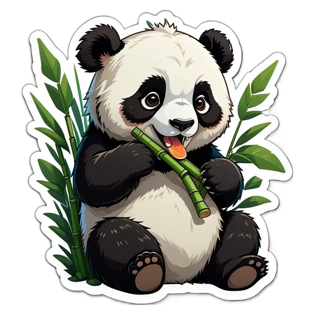 A panda bear holding a bamboo in its mouth.