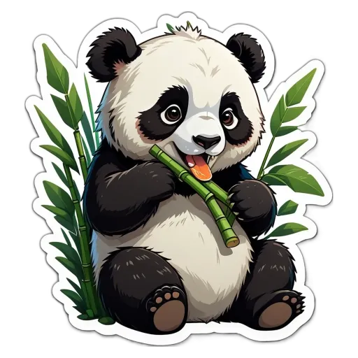 A panda bear holding a bamboo in its mouth.