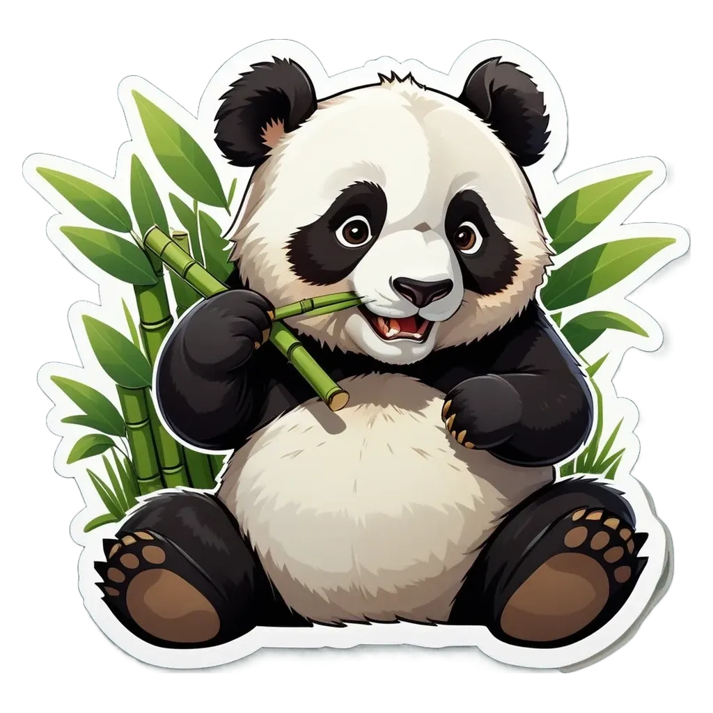 A panda bear holding bamboo in its mouth.
