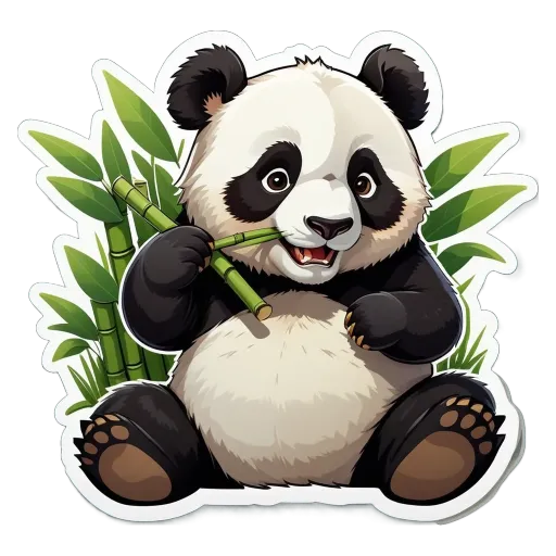 A panda bear holding bamboo in its mouth.