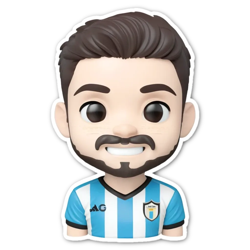 A sticker of a boy with a mustache and blue soccer jersey.