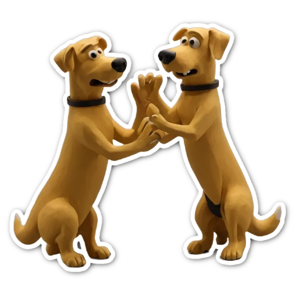 Two dogs standing next to each other with their arms together.