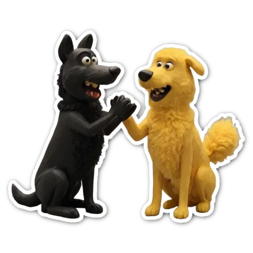 A black and a yellow dog figure are holding each other.