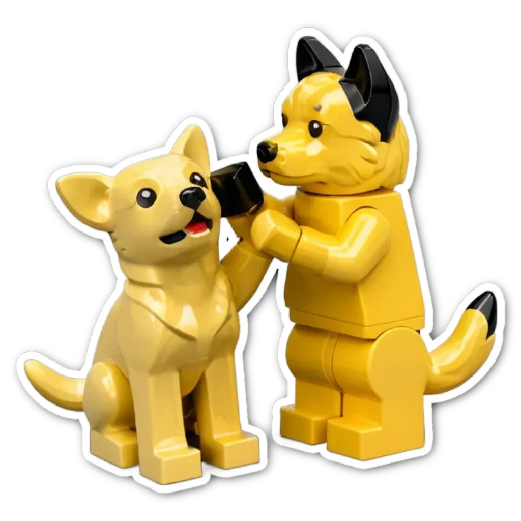 Two lego dogs groom each other with a brush and cuddle.