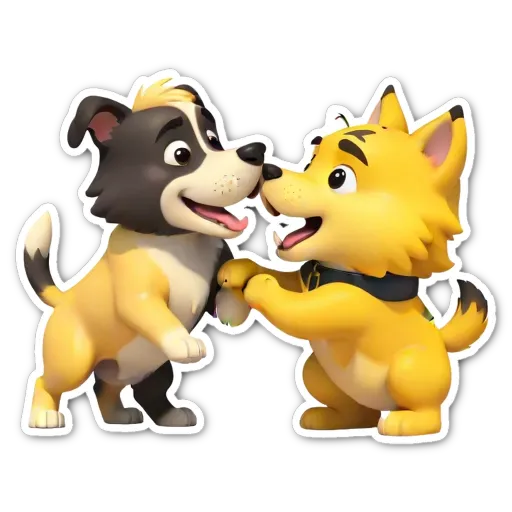 Two dogs kissing each other in a black and yellow cartoon style.