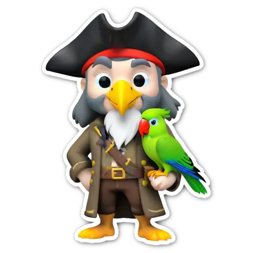 A cartoon depiction of a bird holding a pirate.