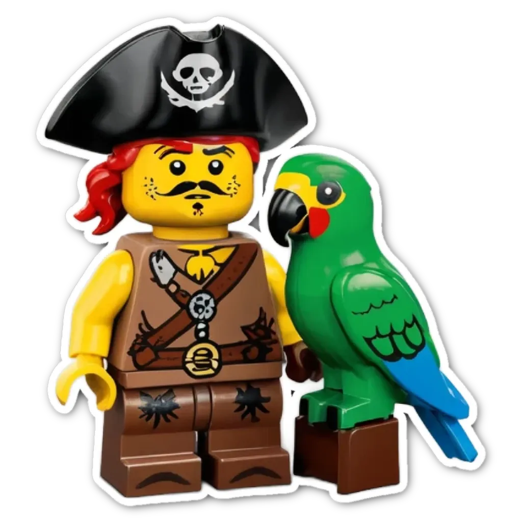 A lego pirate with a green bird.