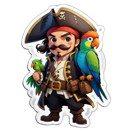 A boy in a pirate costume holding a parrot on his arm.