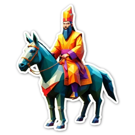 A colorful polygonal figure riding a horse.