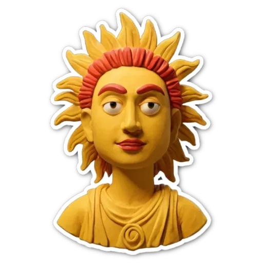 A yellow clay figure of a woman with red hair.