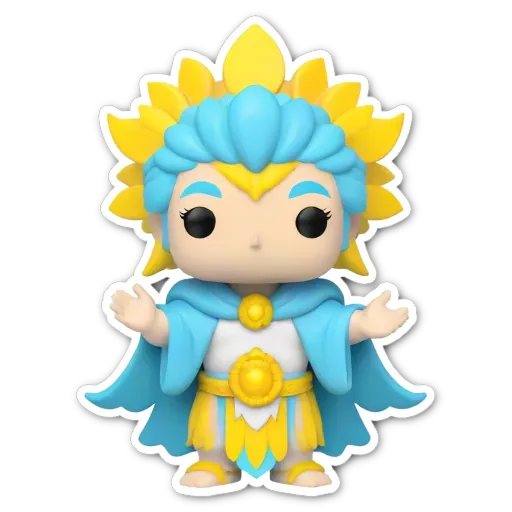 A brightly colored cartoon character with a sun in her hair and a blue and yellow robe.