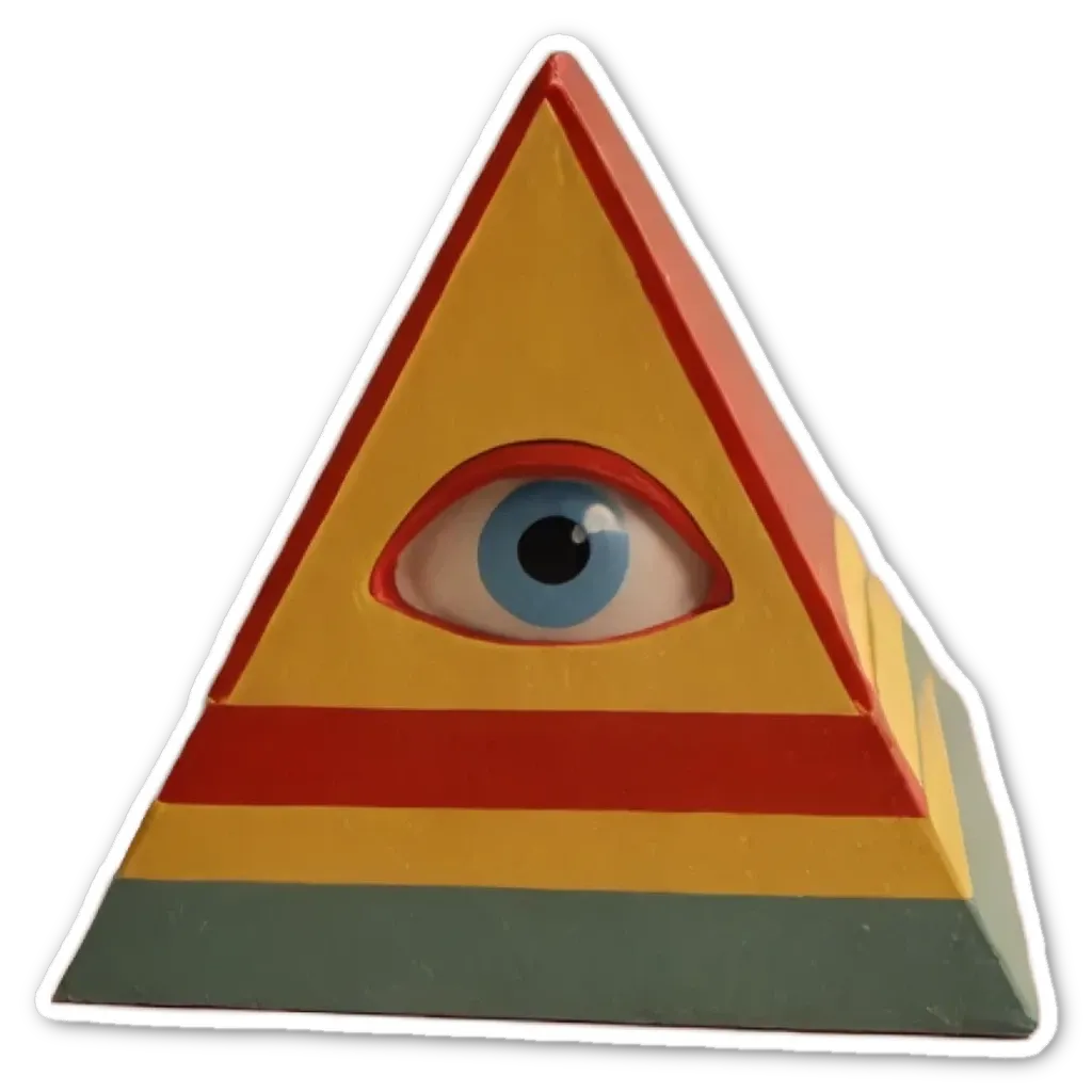 A red eye is on the top of a pyramid.