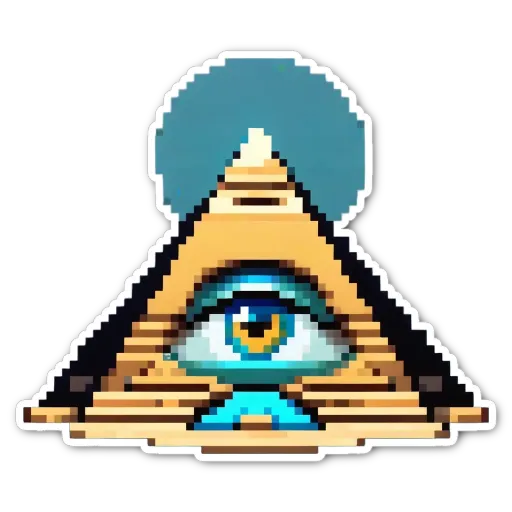 An eye is seeing through a pyramid with the words all seeing eye on it.