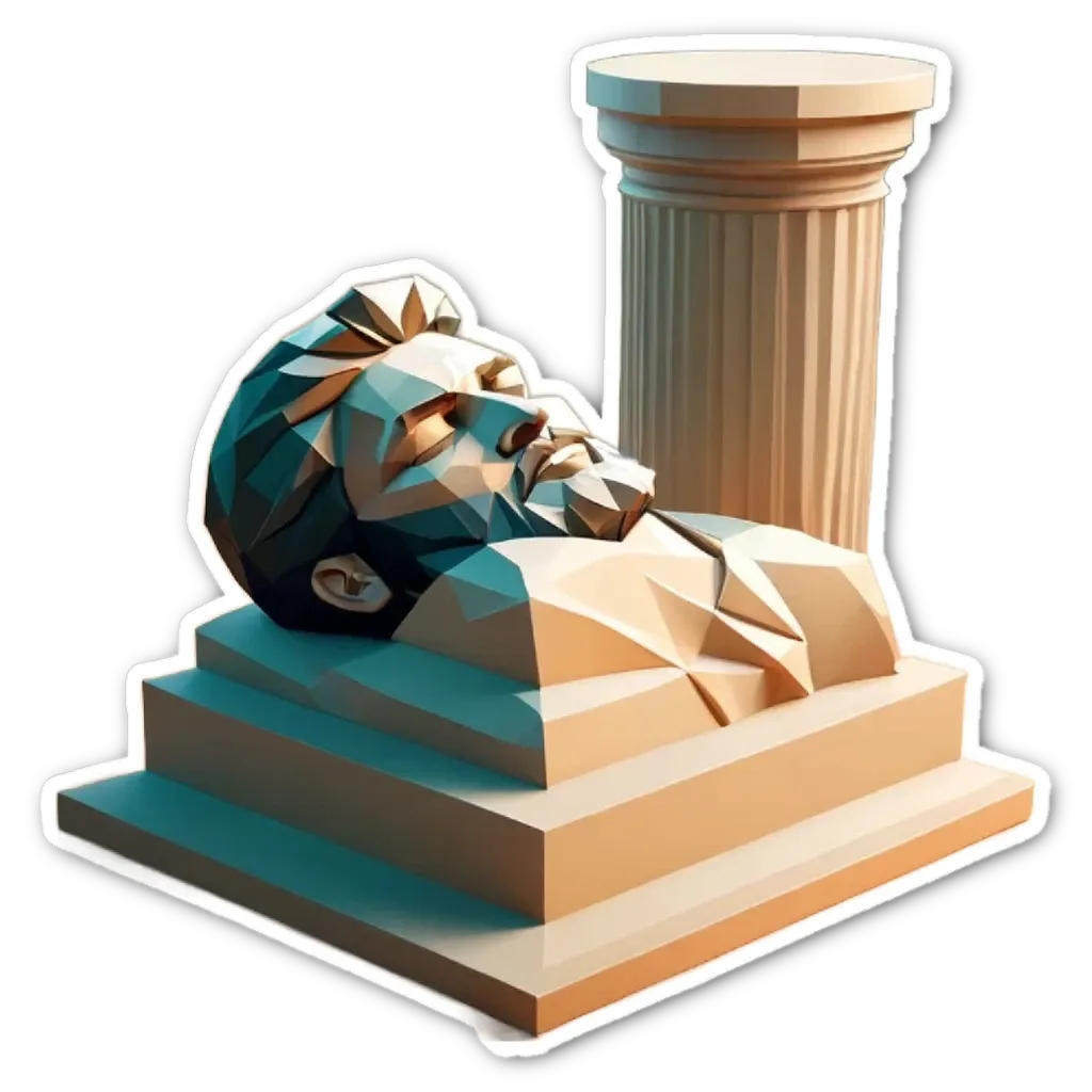 A headless, polygonal statue sits on a pedestal.