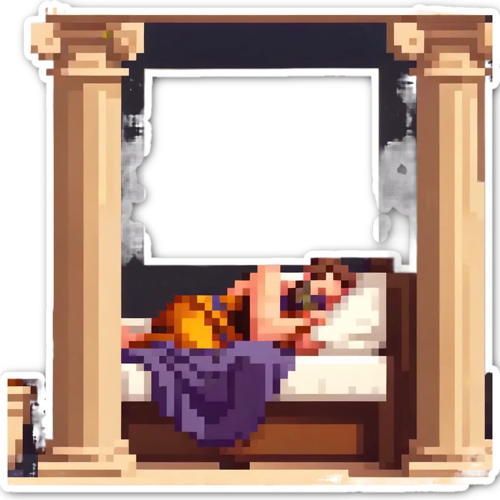 A man is sleeping on a bed in front of a frame.