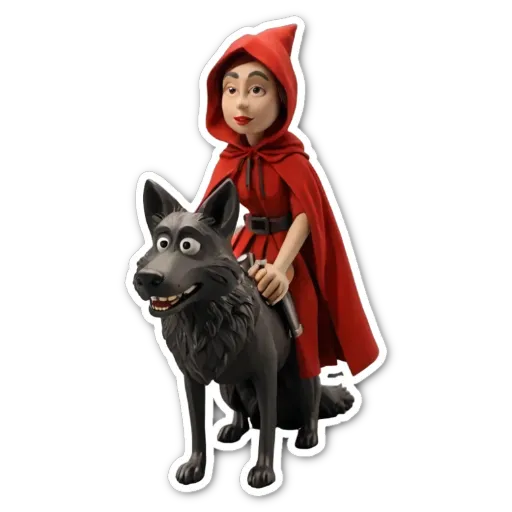 A girl and a dog riding together, the girl is wearing a red outfit.