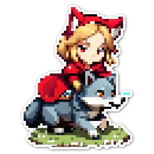 A girl and a wolf in pixelated sticker.