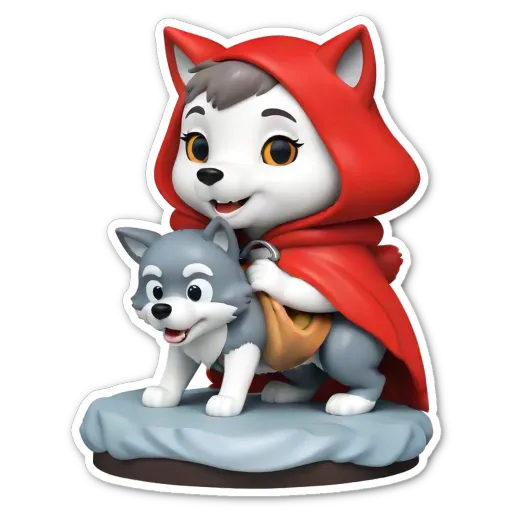 A small toy dog wearing a red hoodie is sitting on a figure of a little girl.