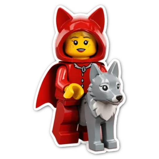 A lego person in red standing next to a gray dog.