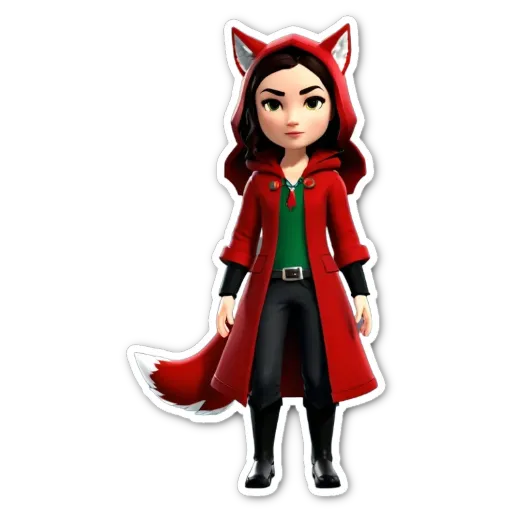 A fox with a hood and red clothes standing on a black background.