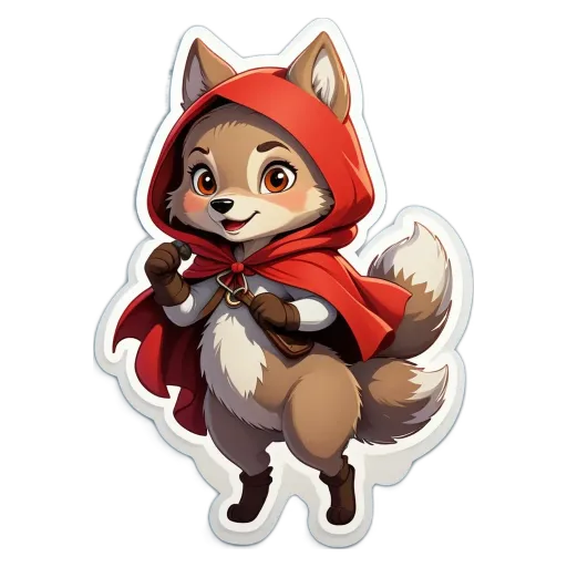 A sticker of a girl animal wearing a red hoodie and blue gloves.