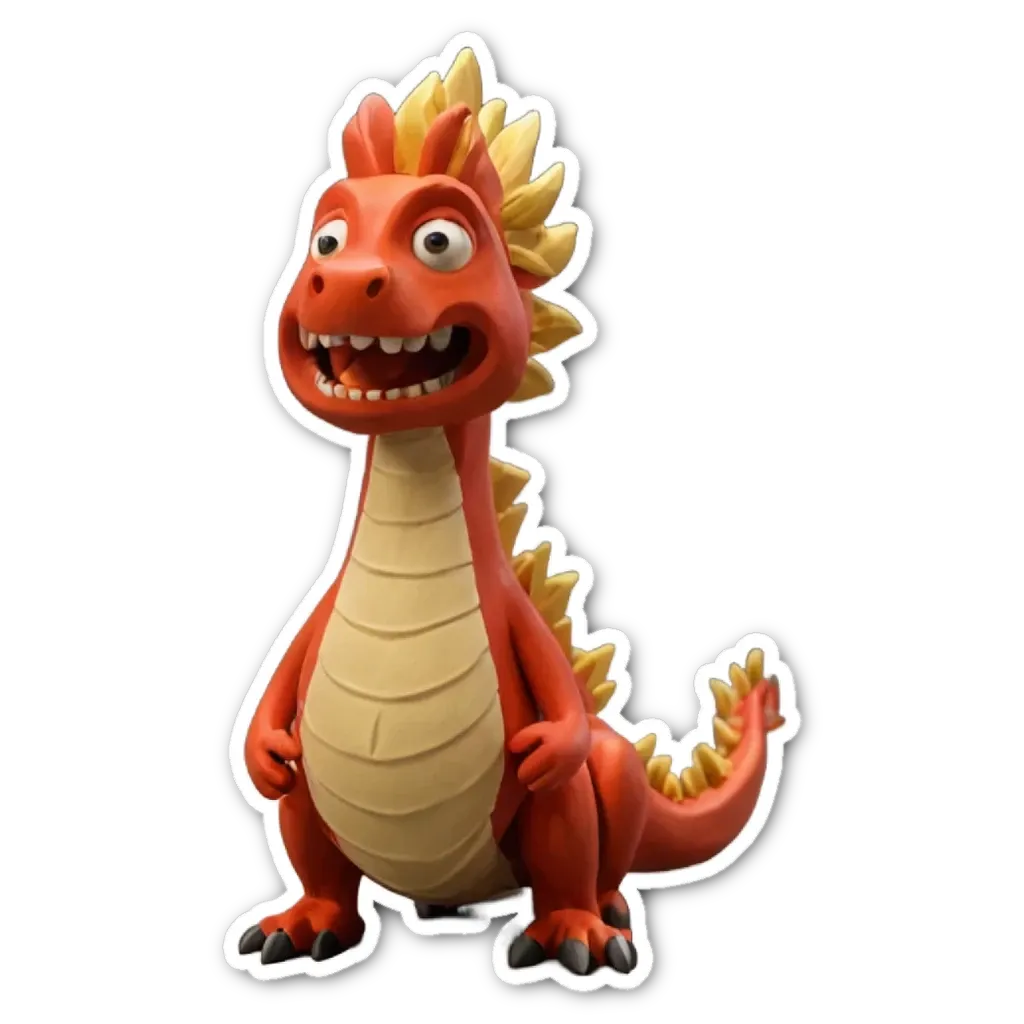 A red and yellow cartoon dragon is standing on a black background.