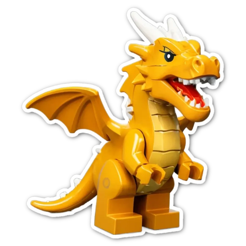 A lego dragon that is yellow and white.