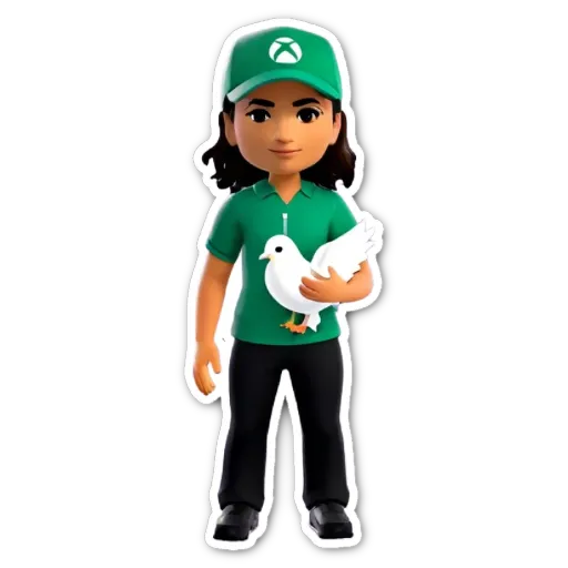 A woman holding a pigeon is wearing a green shirt with a logo in the back.