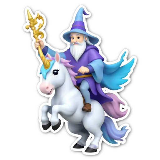 A wizard riding a unicorn.