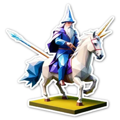 A sticker of a wizard riding a horse.