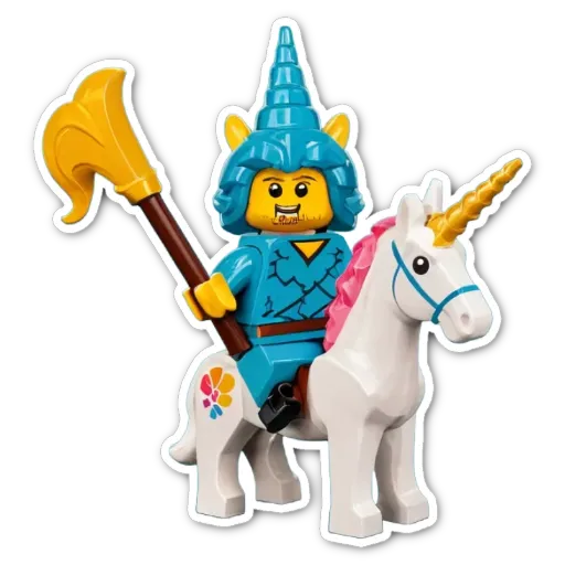 A lego figure riding a unicorn with a black and yellow wand.