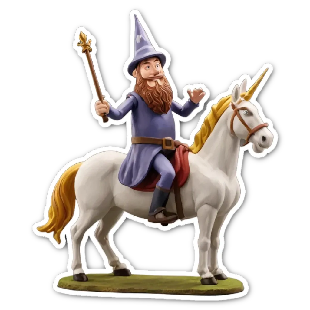 A figure with a blue hat and a green beard riding a white horse.