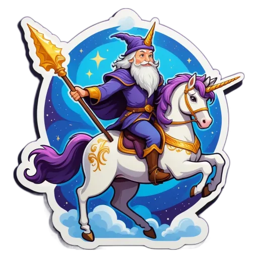 A cartoon of a man with a staff and a horse with a unicorn on top.