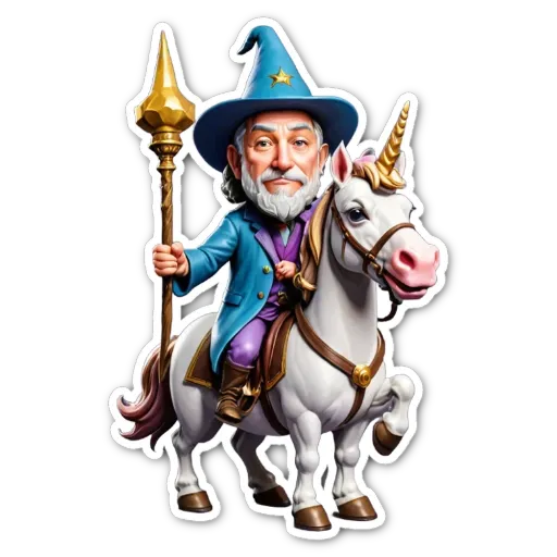 A cartoon image of a wizard riding a unicorn.