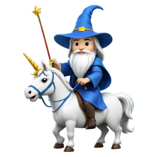 A cartoon of a wizard riding a unicorn.