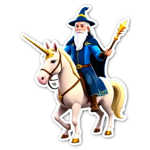 A wizard riding a unicorn is the subject of the image.