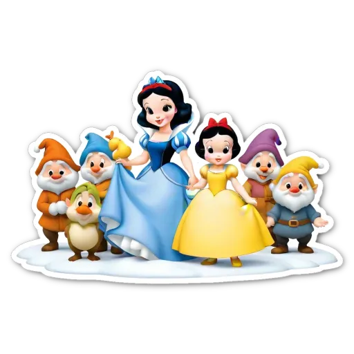 A group of cartoon characters including Snow White and the six Dwarfs.